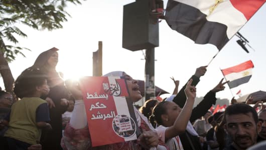 Egyptian opposition protesters gather in Tahrir Square during a demonstration against Egyptian President Mohamed Morsi in Cairo, Egypt.